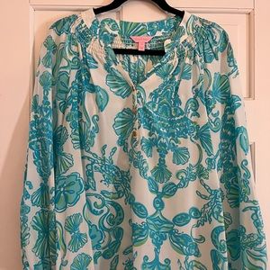 EUC Lilly Pulitzer Elsa Silk Blouse Crab Print Blue Green